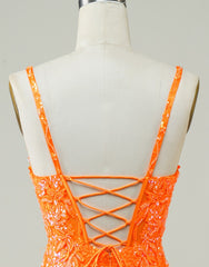 Glitter Orange Spaghetti Straps Orange Tight Sequined Homecoming Dresses