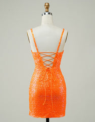 Glitter Orange Spaghetti Straps Orange Tight Sequined Homecoming Dresses