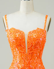 Glitter Orange Spaghetti Straps Orange Tight Sequined Homecoming Dresses