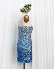 Gorgeous Sparkly Sequin One Shoulder Tight Homecoming Dresses With Fringe