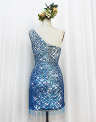 Gorgeous Sparkly Sequin One Shoulder Tight Homecoming Dresses With Fringe