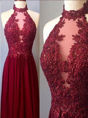 Halter Chiffon Lace A-line Long Maroon Prom Dresses Burgundy Evening Dresses