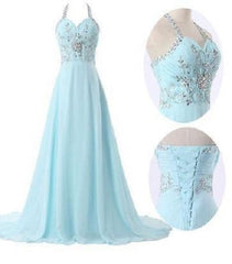 Halter Light Blue Prom Dresses Long Chiffon Evening Dresses for Weddings