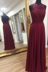 Halter Neck Chiffon Burgundy Lace Top Prom Dresses