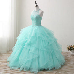 Halter Neck Open Back Mint Quinceanera Dresses Mexican Ball Gown Prom Dresses