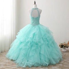 Halter Neck Open Back Mint Quinceanera Dresses Mexican Ball Gown Prom Dresses