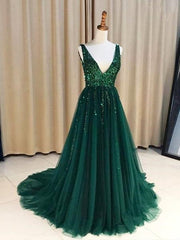 Hunter Green V-neck Long Formal Tulle Low Back Prom Dresses