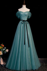 Green Tulle Long Senior Prom Dresses, A-Line Formal Evening Dresses