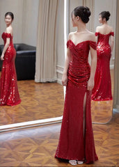 Off-Shoulder Sequin Side-Slit Trumpet Evening Gown