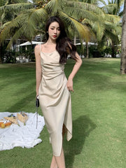 Champagne Spaghetti Strap Cowl Neck Plain Ruched Satin Slit Midi Sheath Dresses