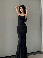 Spaghetti Strap Cowl Neck Plain Ruched Mermaid Evening Dresses