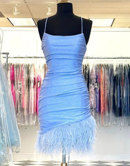 Light Blue Spaghetti Straps Tight Homecoming Dresses With Feather