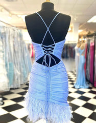 Light Blue Spaghetti Straps Tight Homecoming Dresses With Feather