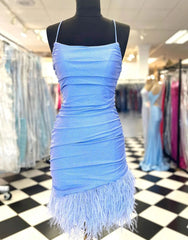 Light Blue Spaghetti Straps Tight Homecoming Dresses With Feather