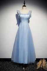 Light Blue Tulle Ankle Length Prom Dresses