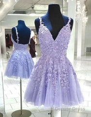 Lilac A-Line Spaghetti Straps Homecoming Dress With Appliques