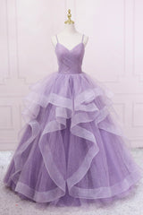 Purple Tulle Long Prom Dresses, A-Line Spaghetti Strap Evening Gown