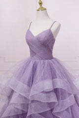 Purple Tulle Long Prom Dresses, A-Line Spaghetti Strap Evening Gown