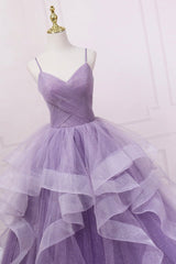 Purple Tulle Long Prom Dresses, A-Line Spaghetti Strap Evening Gown