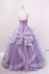 Purple Tulle Long Prom Dresses, A-Line Spaghetti Strap Evening Gown