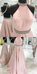 Dusty Pink Beaded Halter Neck Ball Gown Satin Backless Prom Dresses