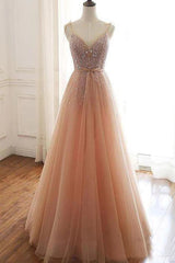 Tulle A-line Lace Up Back Straps Evening Dresses Sequins Prom Dresses