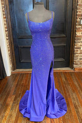 Mermaid Purple Satin Sequins Long Prom Dresses With Side Slit