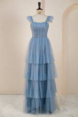 Dusty Blue Flutter Sleeves A-line Multi-Layers Long Prom Dresses with Slit