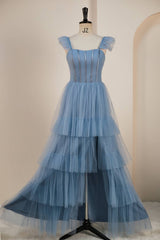 Dusty Blue Flutter Sleeves A-line Multi-Layers Long Prom Dresses with Slit