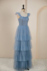 Dusty Blue Flutter Sleeves A-line Multi-Layers Long Prom Dresses with Slit