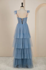 Dusty Blue Flutter Sleeves A-line Multi-Layers Long Prom Dresses with Slit