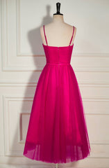 Fuchsia Straps A-line Tulle Tea-Length Prom Dresses