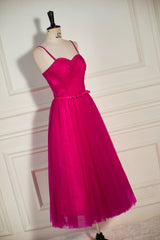 Fuchsia Straps A-line Tulle Tea-Length Prom Dresses