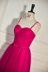 Fuchsia Straps A-line Tulle Tea-Length Prom Dresses