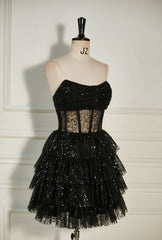 Black Sequined Strapless Multi-Layers Tulle Homecoming Dresses