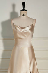 Champagne Cowl Neck Straps A-line Satin Long Dresses with Slit