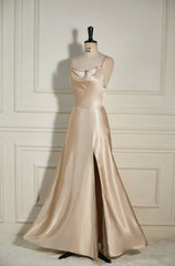 Champagne Cowl Neck Straps A-line Satin Long Dresses with Slit