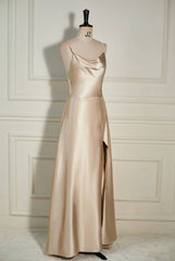 Champagne Cowl Neck Straps A-line Satin Long Dresses with Slit