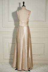 Champagne Cowl Neck Straps A-line Satin Long Dresses with Slit