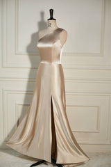 Champagne One Shoulder A-line Satin Long Dresses with Slit