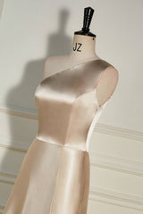 Champagne One Shoulder A-line Satin Long Dresses with Slit