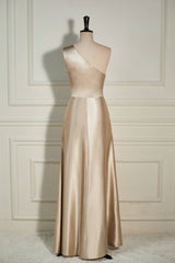 Champagne One Shoulder A-line Satin Long Dresses with Slit