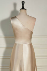 Champagne One Shoulder A-line Satin Long Dresses with Slit