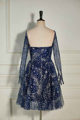 Dark Navy Sequined Long Sleeves A-line Homecoming Dresses