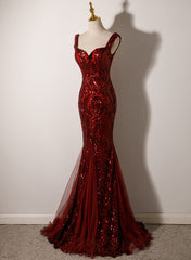 Wine Red Straps Sweetheart Mermaid Long Party Dresses, Wine Red Sequins Prom Dresses