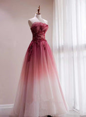 Beautiful Tulle Gradient with Beaded Long Party Dresses, A-line Gradient Prom Dresses