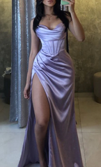 Mermaid Spaghetti Straps Floor Length Prom Dresses With Slit 21st Birthday Outfit