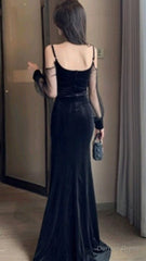 Sexy Mermaid Straps Long Sleeves Black Prom Dresses