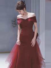 Sexy Mermaid Long Red Satin Prom Dresses With Bowknot Long Prom Dresses