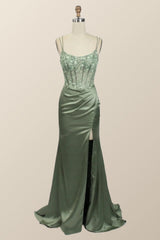 Sage Green Lace Appliques Mermaid Long Formal Dresses